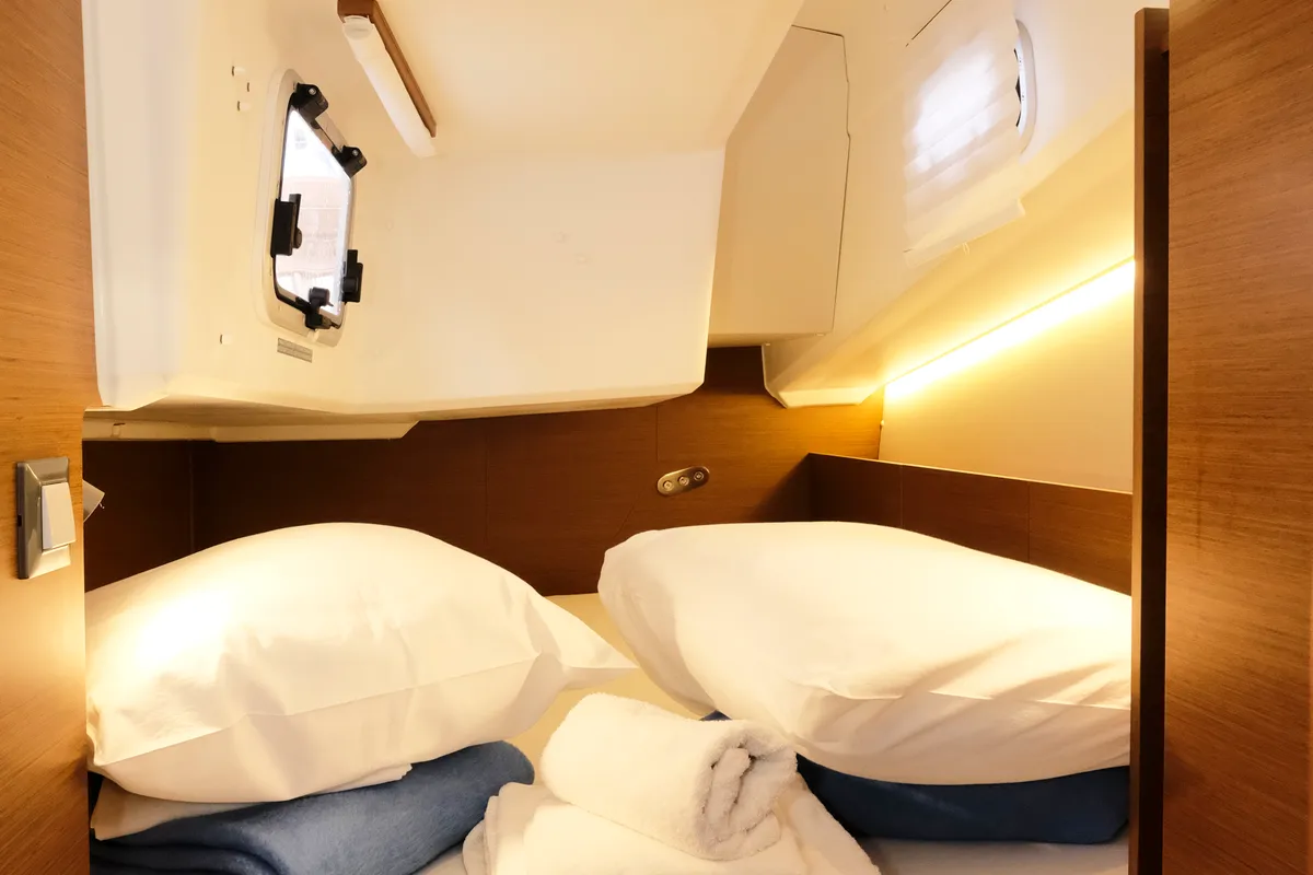 Cabin on Sea Kiss, a Jeanneau Sun Odyssey 380 sailboat at Split, Croatia
