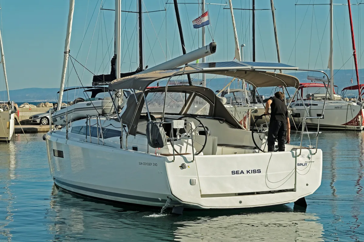 Exterior view of Sea Kiss, a Jeanneau Sun Odyssey 380 sailboat at Split, Croatia