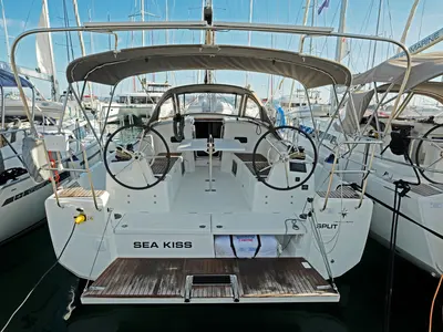 Cockpit of Sea Kiss, a Jeanneau Sun Odyssey 380 sailboat at Split, Croatia