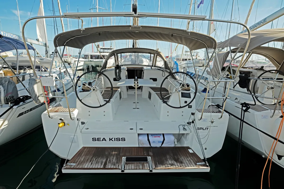 Cockpit of Sea Kiss, a Jeanneau Sun Odyssey 380 sailboat at Split, Croatia