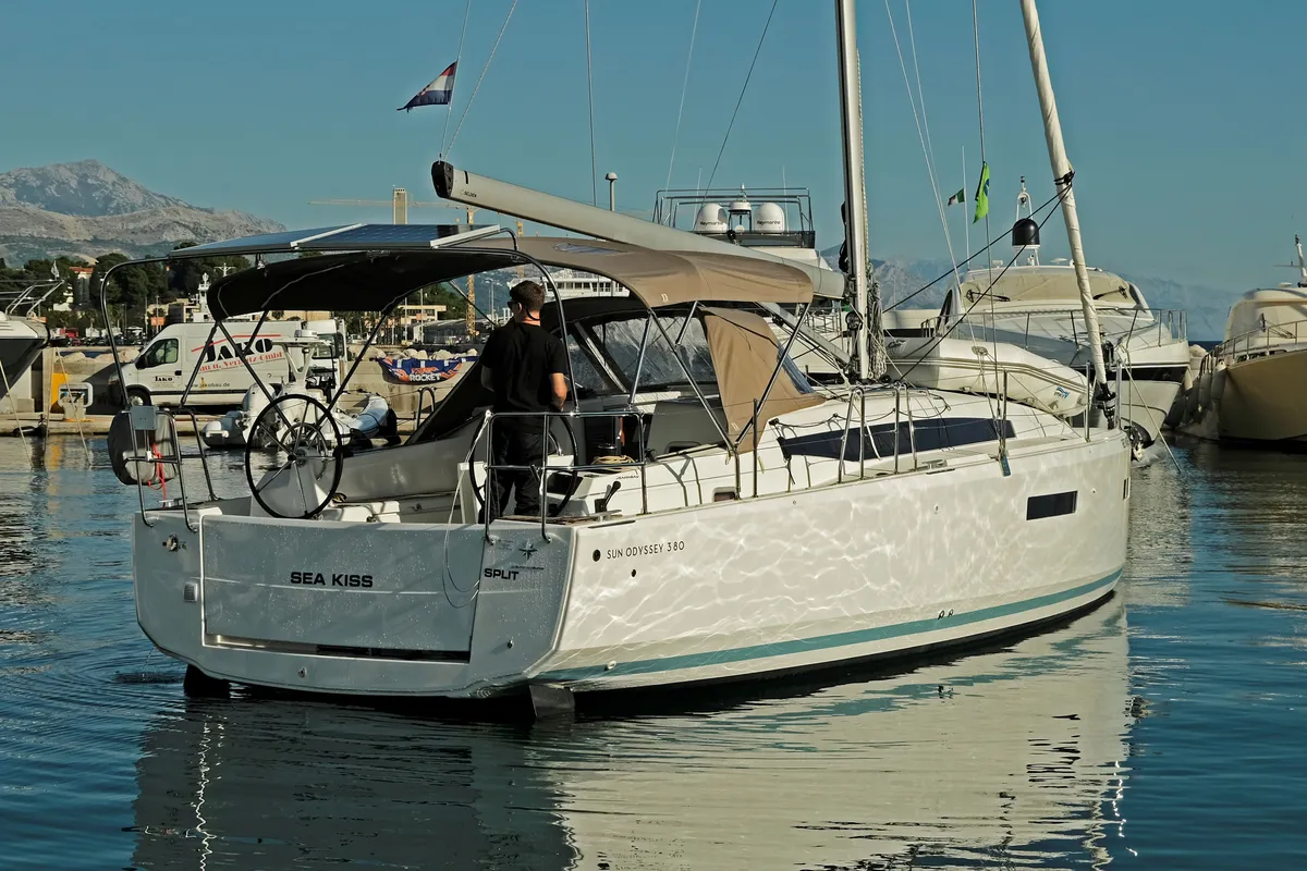 Exterior view of Sea Kiss, a Jeanneau Sun Odyssey 380 sailboat at Split, Croatia