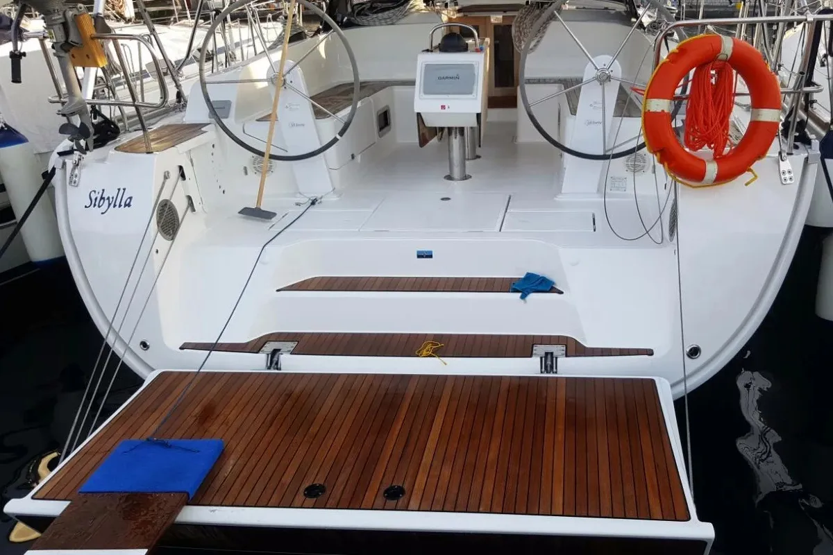 Deck of Sibylla, a Bavaria 46 Cruiser sailboat at Naples, Italy