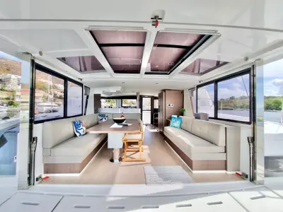 Salon of Breezin, a Bali 4.6 catamaran at Parham Town, British Virgin Islands