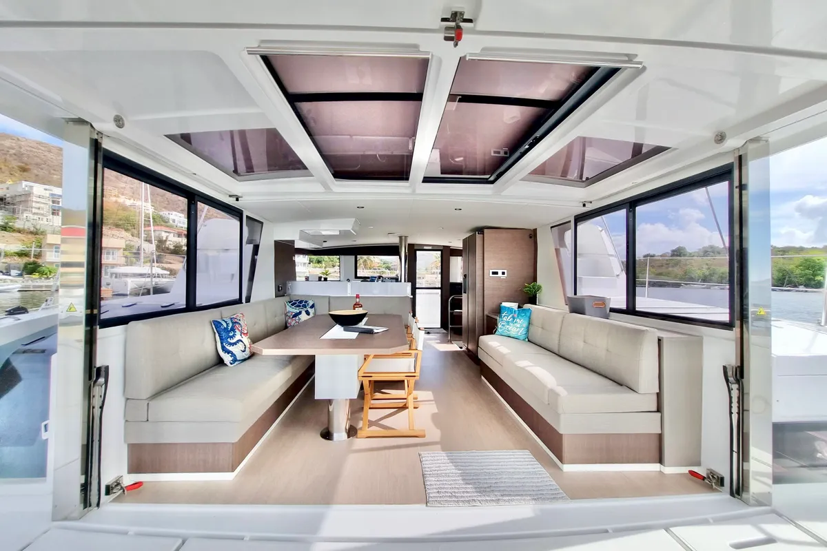 Salon of Breezin, a Bali 4.6 catamaran at Parham Town, British Virgin Islands