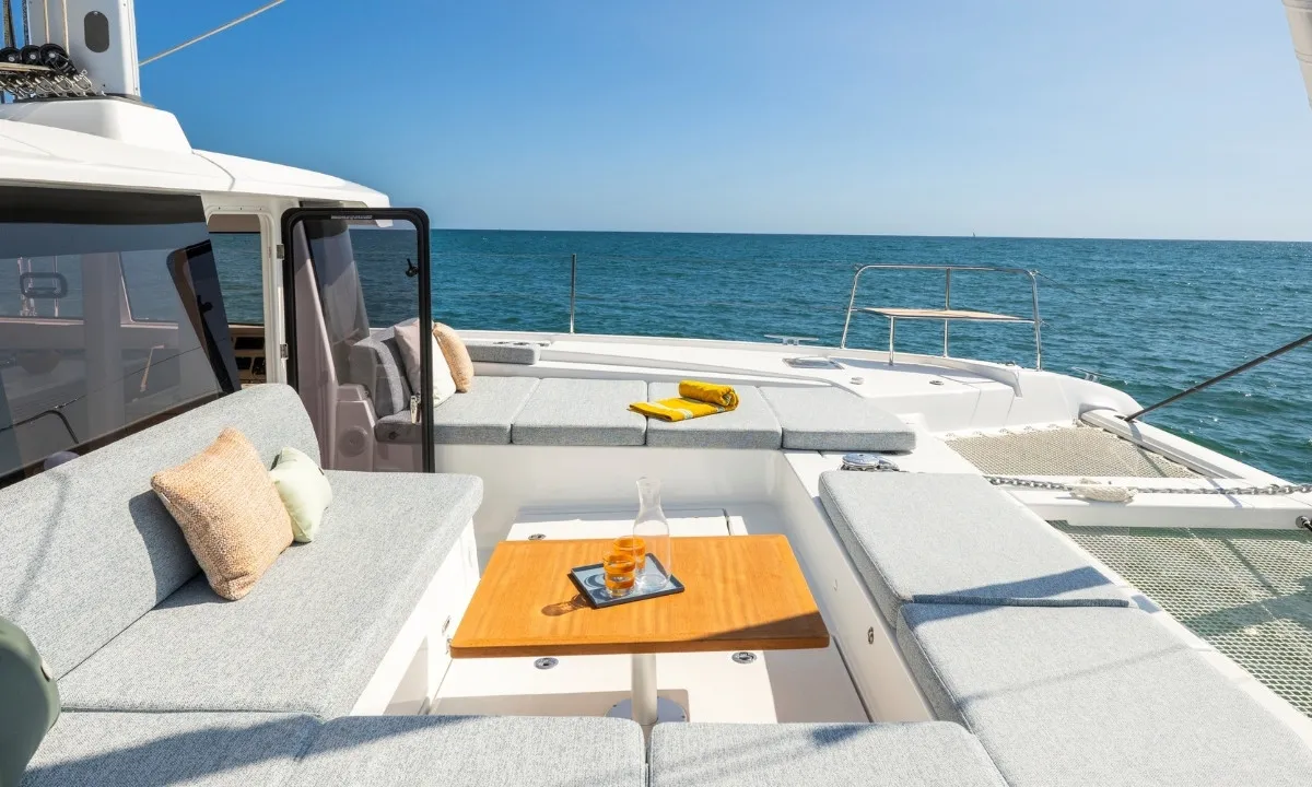 Deck of Mia, a Lagoon 47 catamaran at Lavreotiki, Greece