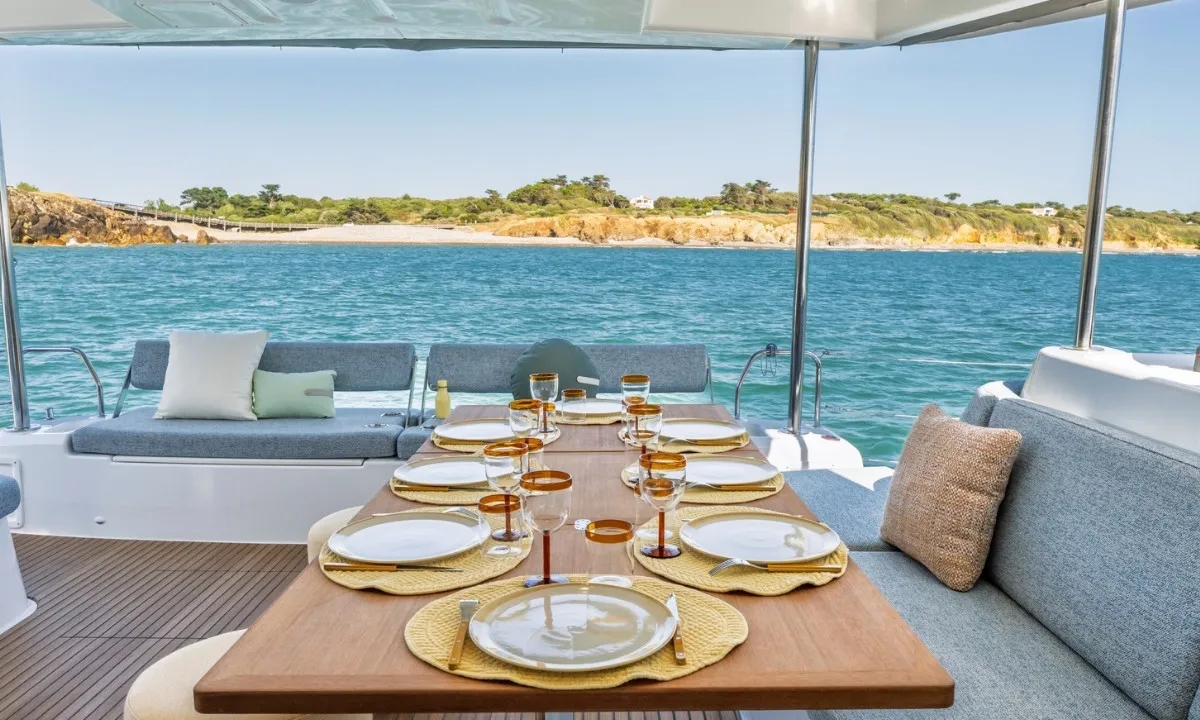 Deck of Mia, a Lagoon 47 catamaran at Lavreotiki, Greece