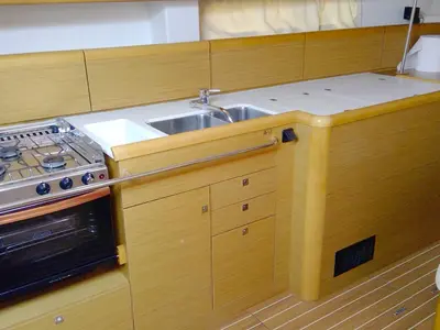 Galley of Tewa, a Jeanneau Sun Odyssey 44 i sailboat at Kerners, France