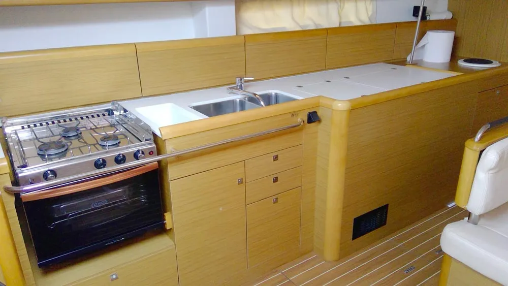 Galley of Tewa, a Jeanneau Sun Odyssey 44 i sailboat at Kerners, France