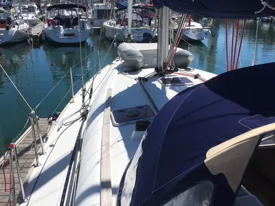 Deck of Tewa, a Jeanneau Sun Odyssey 44 i sailboat at Kerners, France