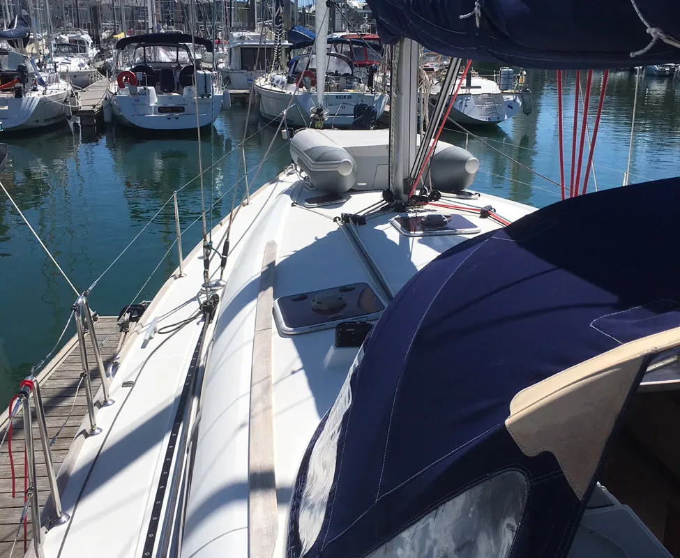 Deck of Tewa, a Jeanneau Sun Odyssey 44 i sailboat at Kerners, France