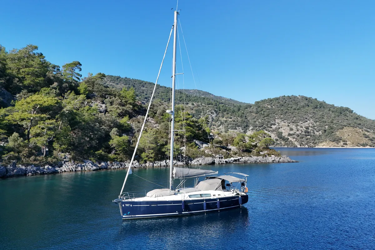 Exterior view of Viento, a Beneteau Oceanis 46 sailboat at Fethiye, Turkey