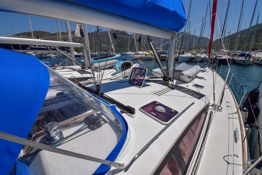 Deck of Instant Zero, a Jeanneau 53 sailboat at Marmaris, Turkey