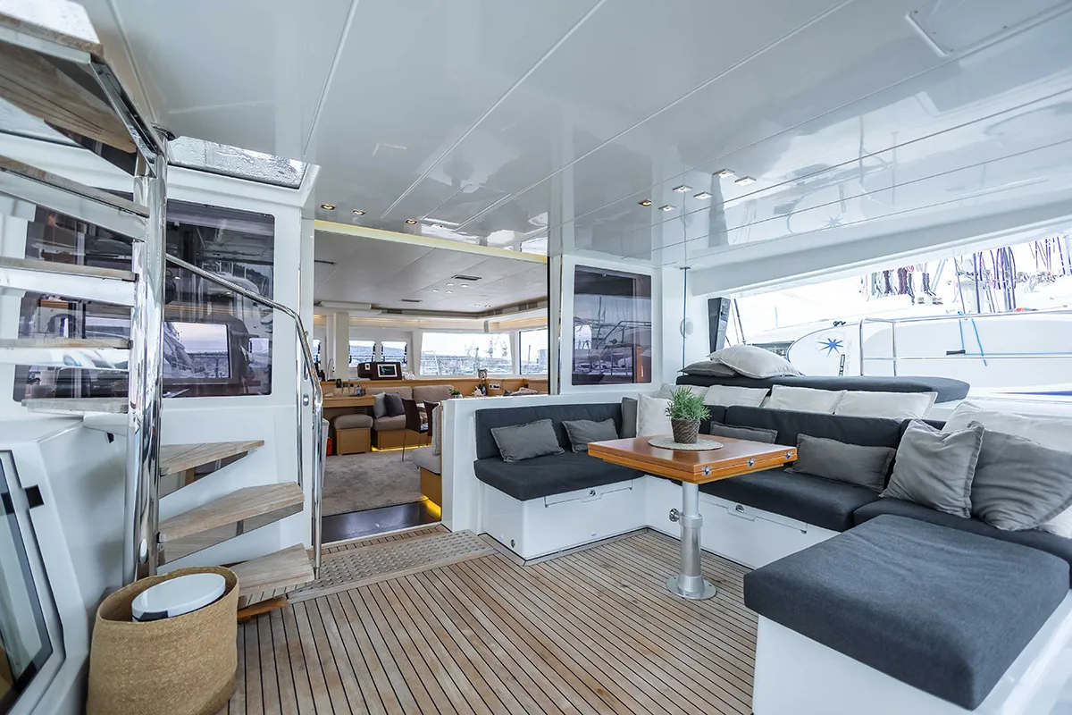 Deck of Eagle of Norway (Crewed), a Lagoon 560 S2 catamaran at Seget Donji, Croatia