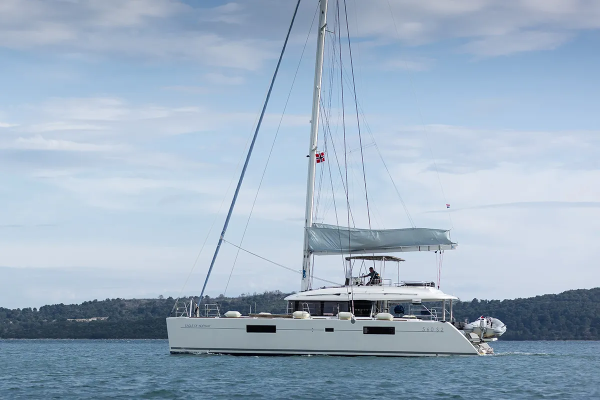 Exterior view of Eagle of Norway (Crewed), a Lagoon 560 S2 catamaran at Seget Donji, Croatia