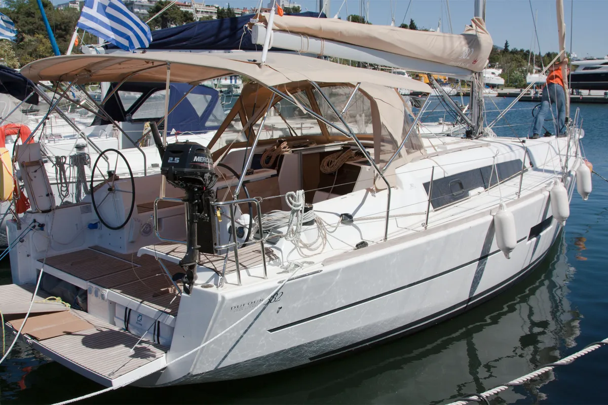 Exterior view of Scirocco, a Dufour 382 Grand Large sailboat at Sithonia Municipal Unit, Greece