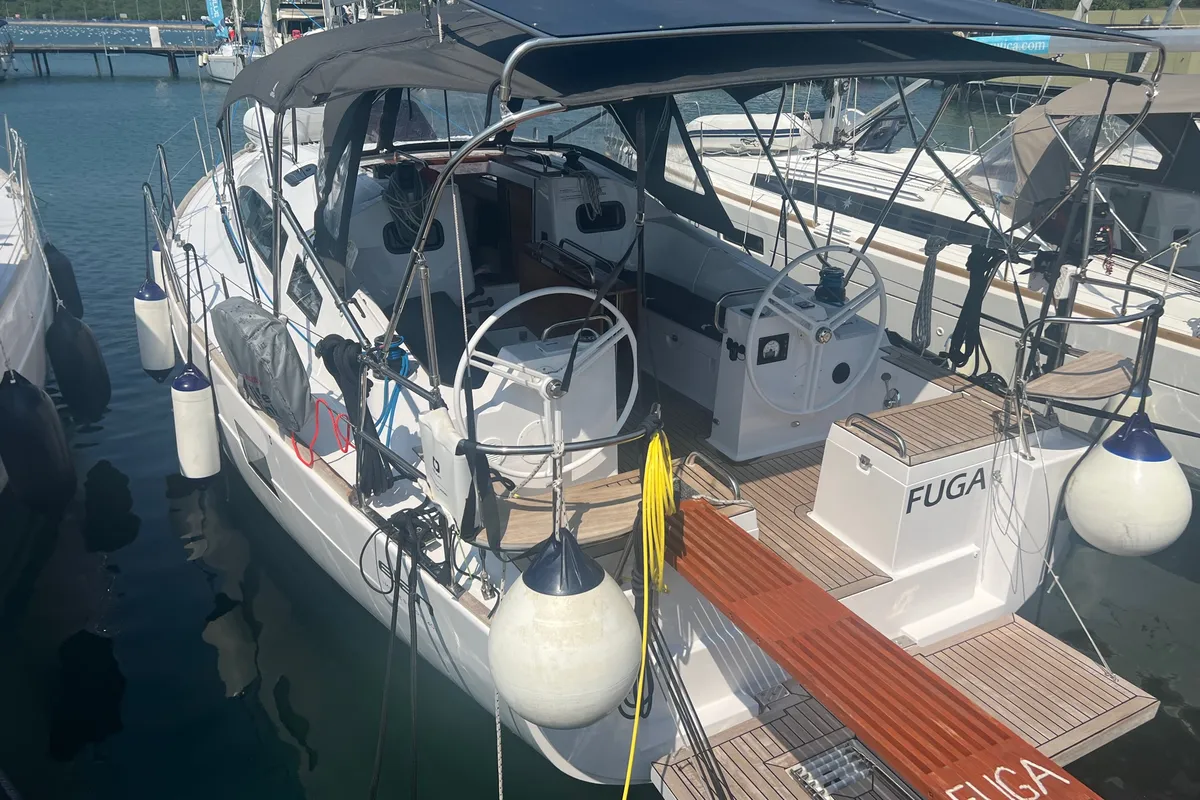 Exterior view of Fuga, a Elan Impression 40.1 sailboat at Punat, Croatia