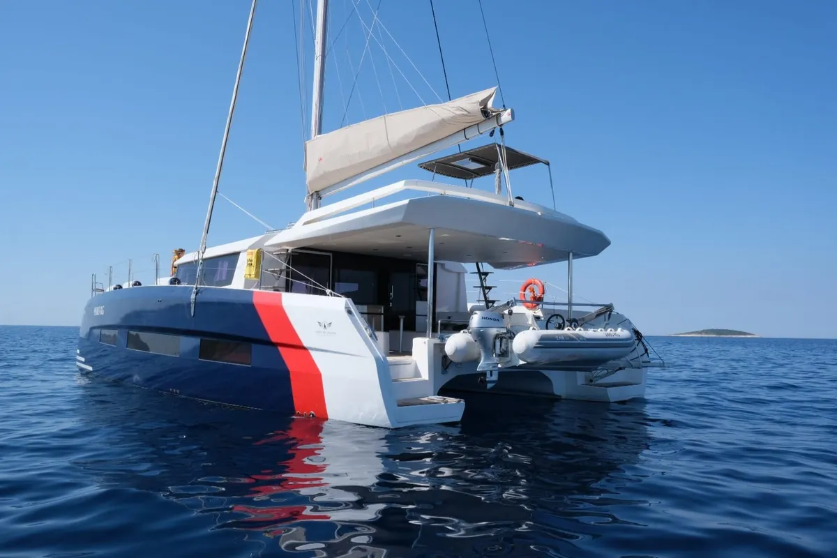 Exterior view of Yam, a Dufour 48 Catamaran catamaran at Primošten, Croatia