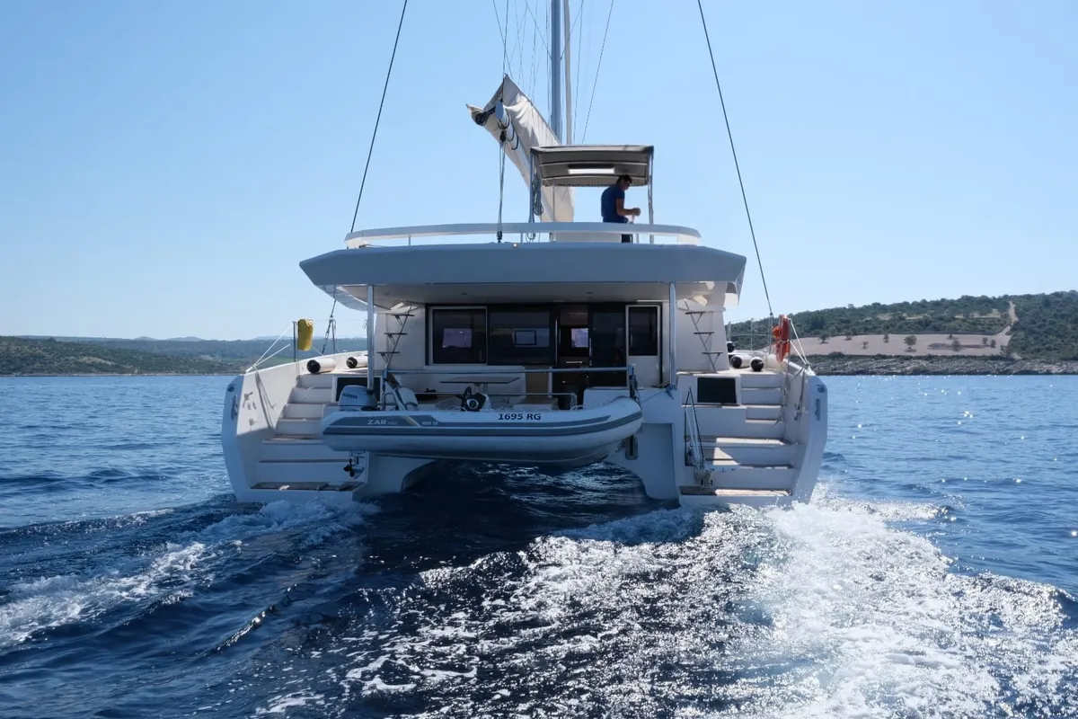 Exterior view of Yam, a Dufour 48 Catamaran catamaran at Primošten, Croatia