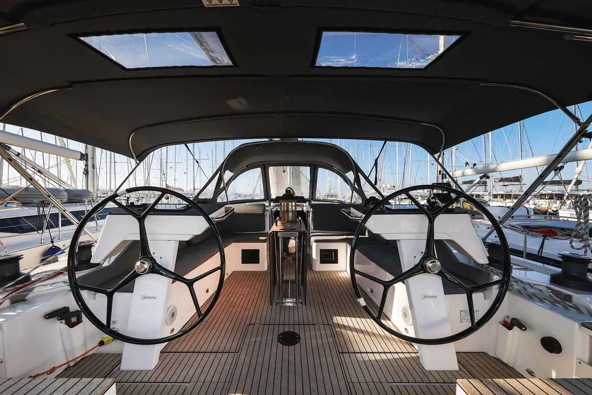 Cockpit of Aquila, a Bavaria C46 sailboat at Murter, Croatia