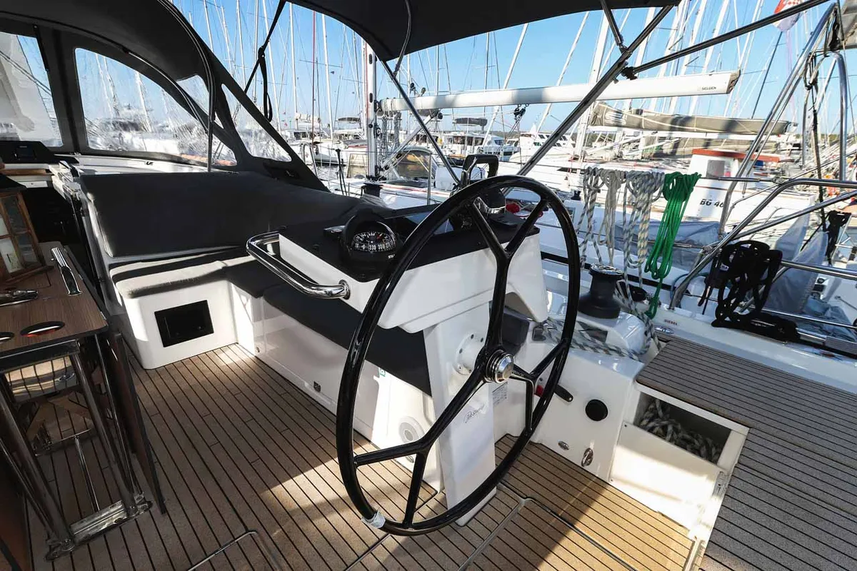 Cockpit of Aquila, a Bavaria C46 sailboat at Murter, Croatia