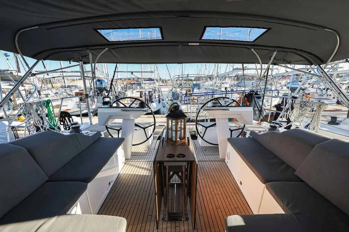 Cockpit of Aquila, a Bavaria C46 sailboat at Murter, Croatia