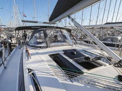 Deck of Aquila, a Bavaria C46 sailboat at Murter, Croatia
