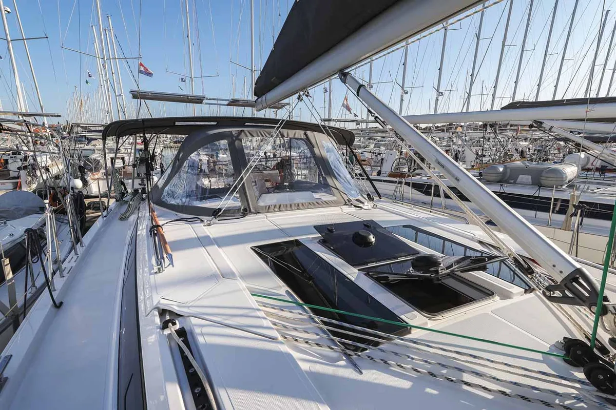 Deck of Aquila, a Bavaria C46 sailboat at Murter, Croatia