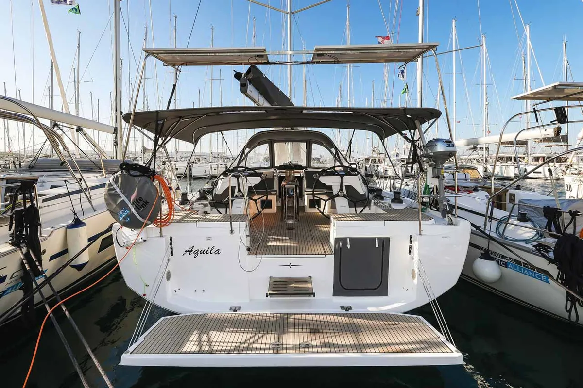 Exterior view of Aquila, a Bavaria C46 sailboat at Murter, Croatia