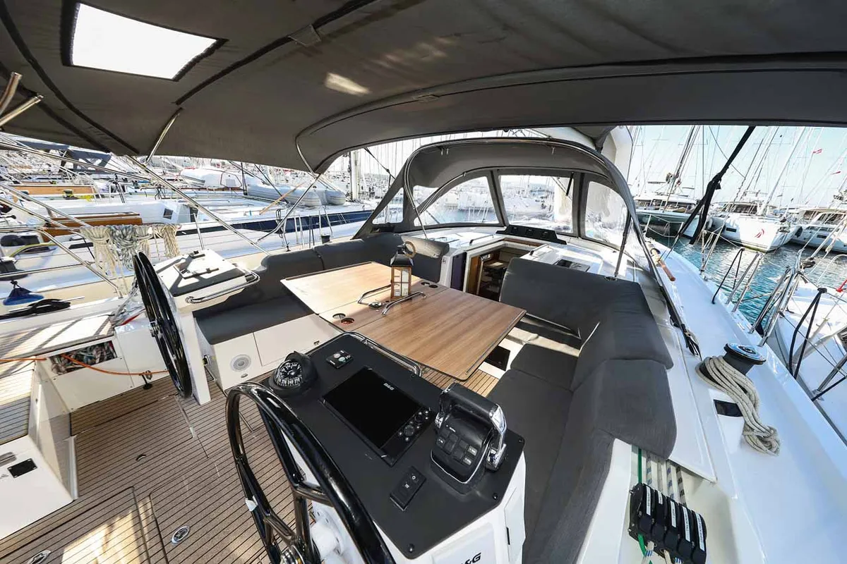 Cockpit of Aquila, a Bavaria C46 sailboat at Murter, Croatia