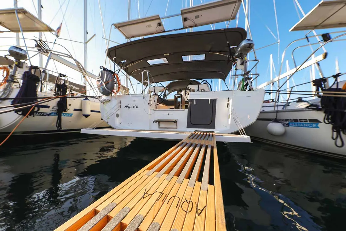 Exterior view of Aquila, a Bavaria C46 sailboat at Murter, Croatia
