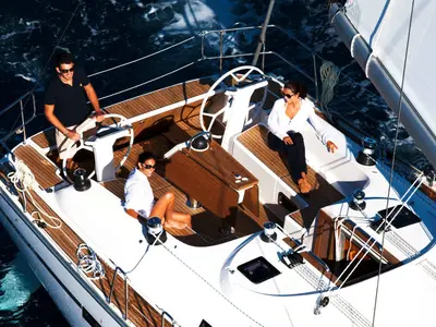 Cockpit of Jochi, a Bavaria Cruiser 46 sailboat at Ponta Delgada, Portugal