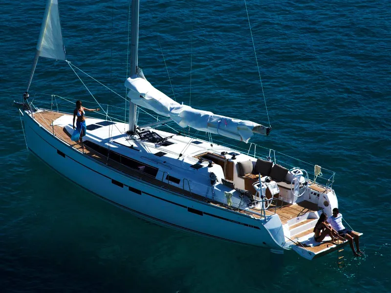 Exterior view of Jochi, a Bavaria Cruiser 46 sailboat at Ponta Delgada, Portugal