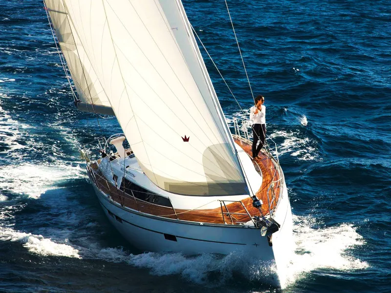 Exterior view of Jochi, a Bavaria Cruiser 46 sailboat at Ponta Delgada, Portugal