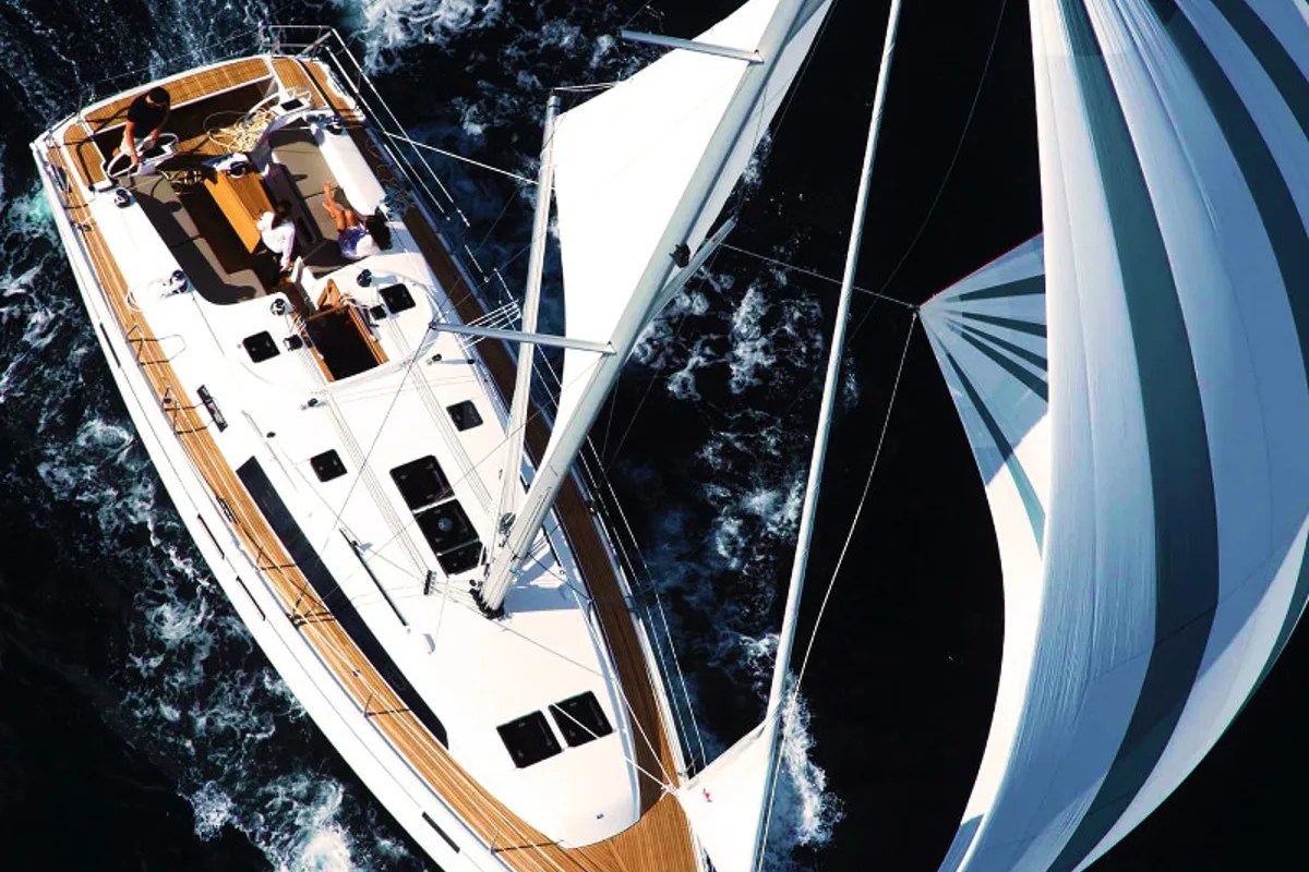 Exterior view of Jochi, a Bavaria Cruiser 46 sailboat at Ponta Delgada, Portugal