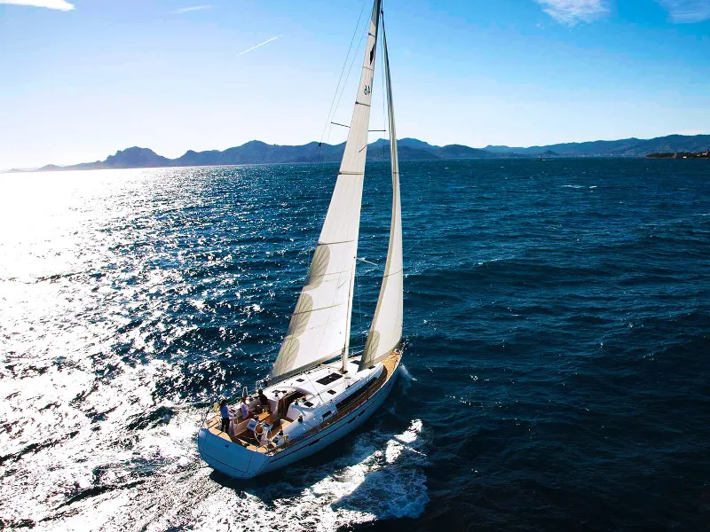 Exterior view of Jochi, a Bavaria Cruiser 46 sailboat at Ponta Delgada, Portugal