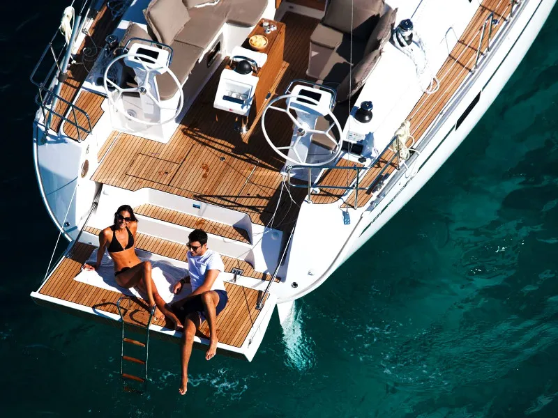 Deck of Jochi, a Bavaria Cruiser 46 sailboat at Ponta Delgada, Portugal
