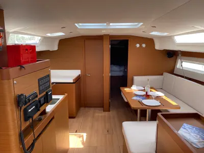 Salon of Electra, a Jeanneau Sun Odyssey 490 sailboat at Parikia, Greece