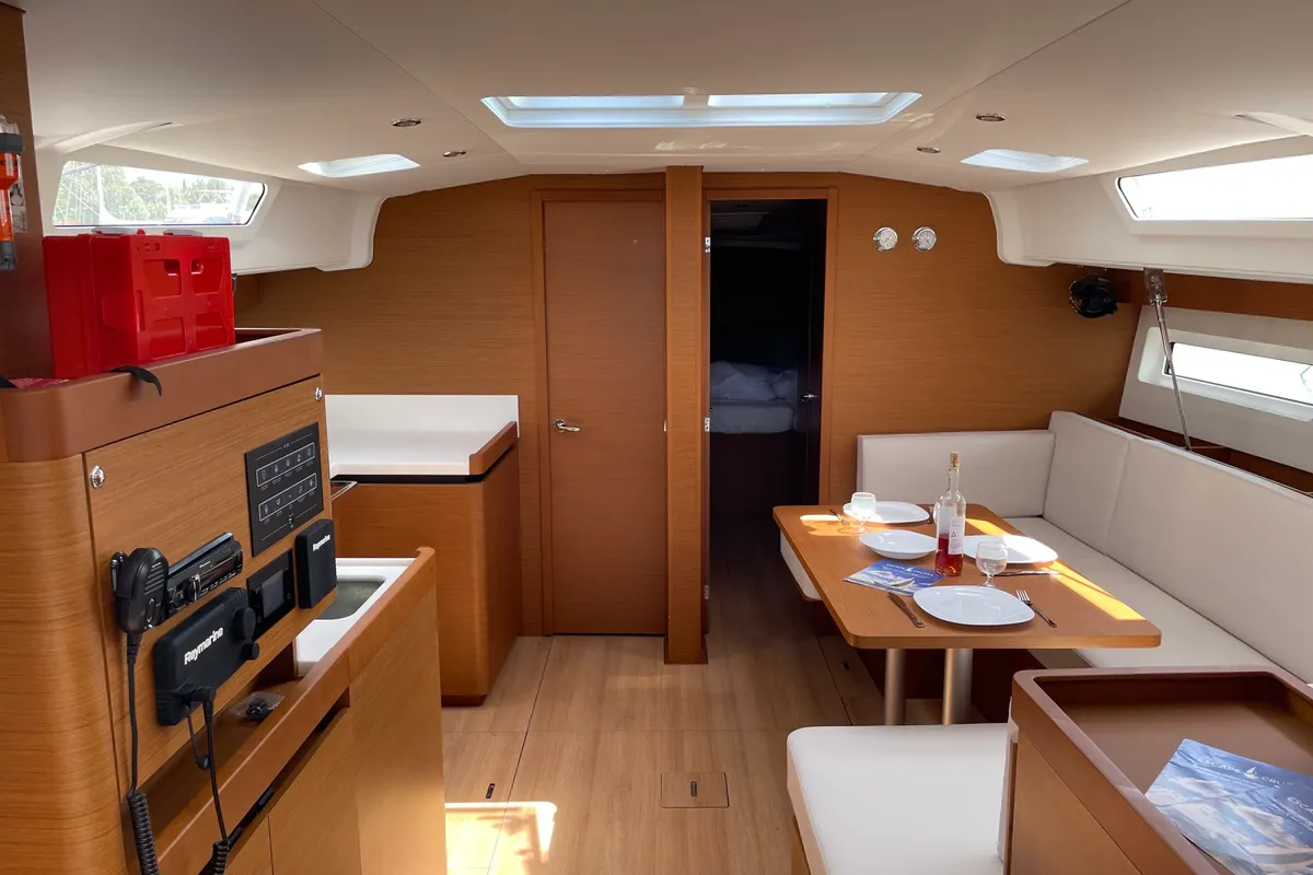 Salon of Electra, a Jeanneau Sun Odyssey 490 sailboat at Parikia, Greece