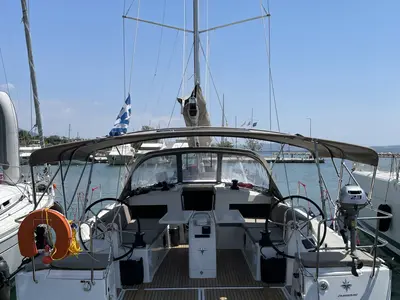 Cockpit of Electra, a Jeanneau Sun Odyssey 490 sailboat at Parikia, Greece