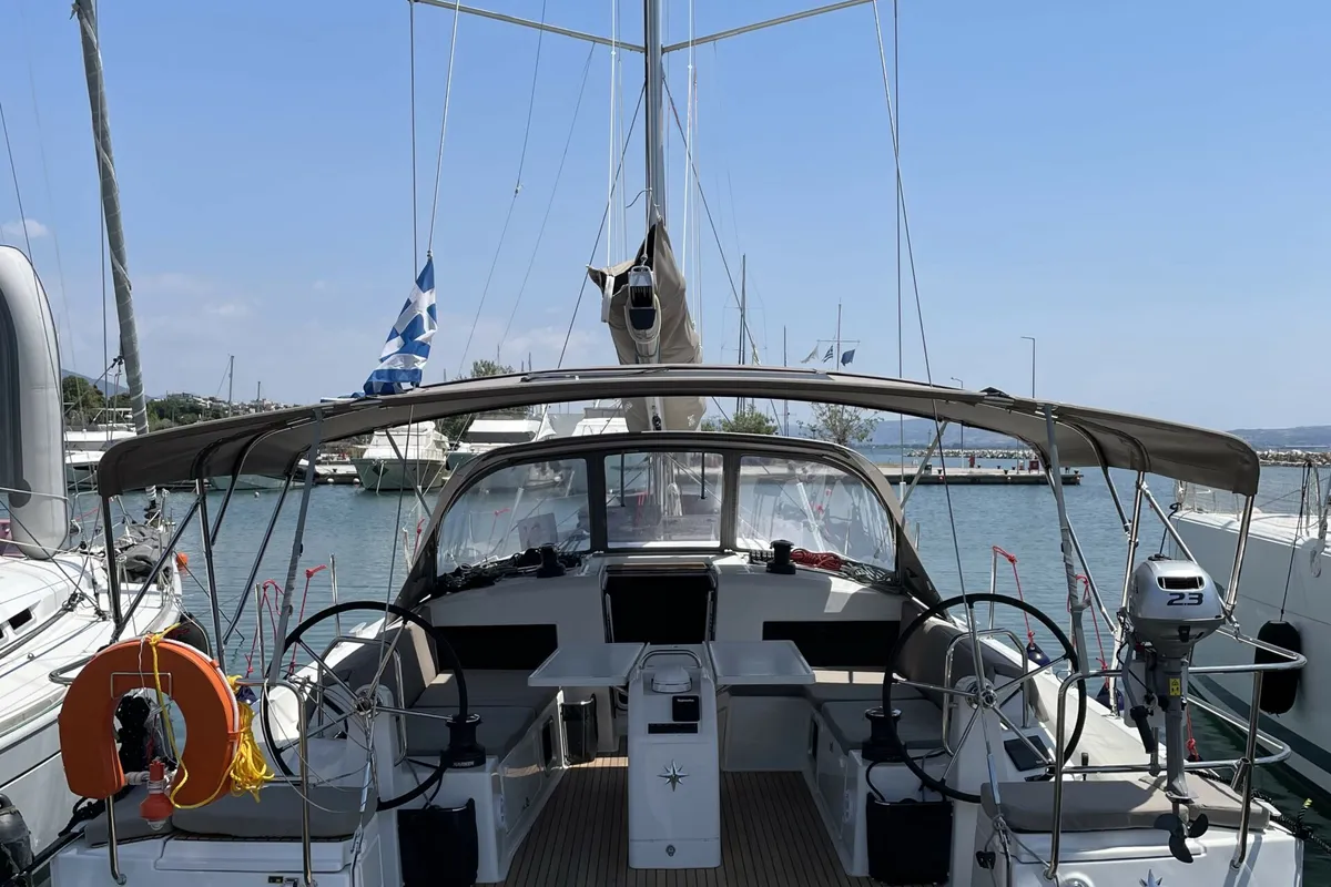 Cockpit of Electra, a Jeanneau Sun Odyssey 490 sailboat at Parikia, Greece