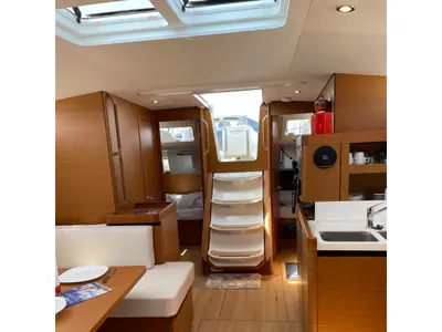 Salon of Electra, a Jeanneau Sun Odyssey 490 sailboat at Parikia, Greece