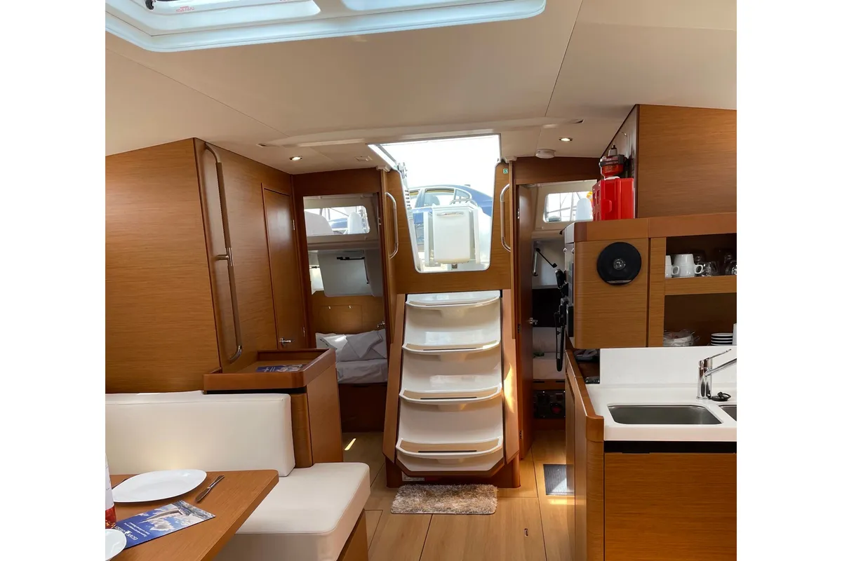 Salon of Electra, a Jeanneau Sun Odyssey 490 sailboat at Parikia, Greece