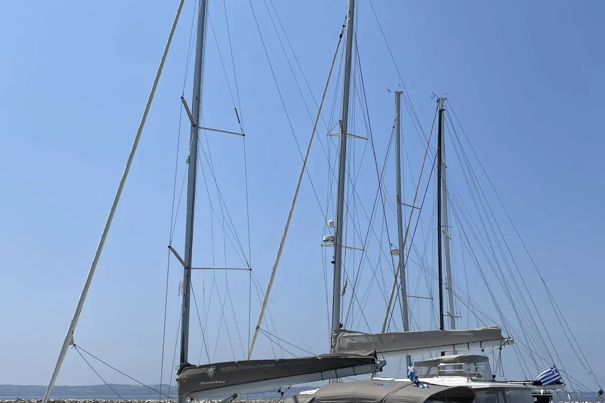 Exterior view of Electra, a Jeanneau Sun Odyssey 490 sailboat at Parikia, Greece