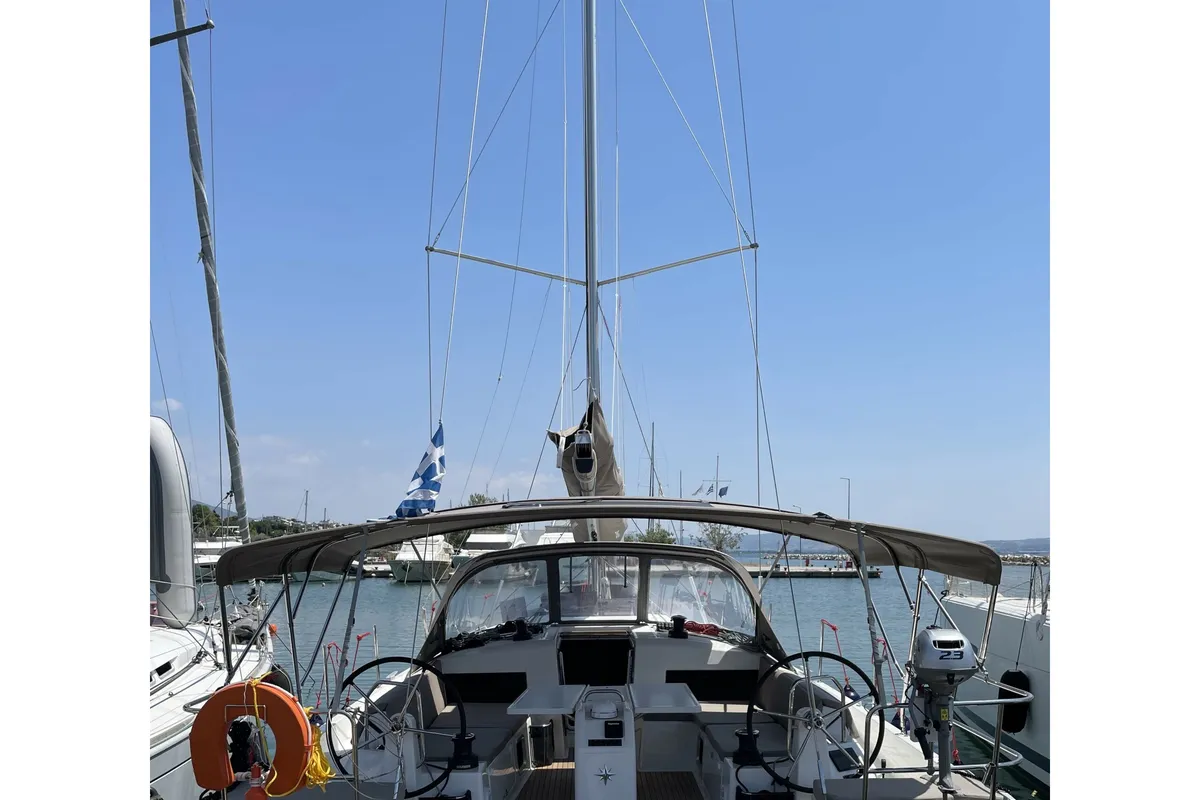 Exterior view of Electra, a Jeanneau Sun Odyssey 490 sailboat at Parikia, Greece