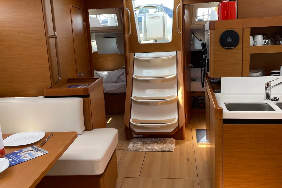Salon of Electra, a Jeanneau Sun Odyssey 490 sailboat at Parikia, Greece