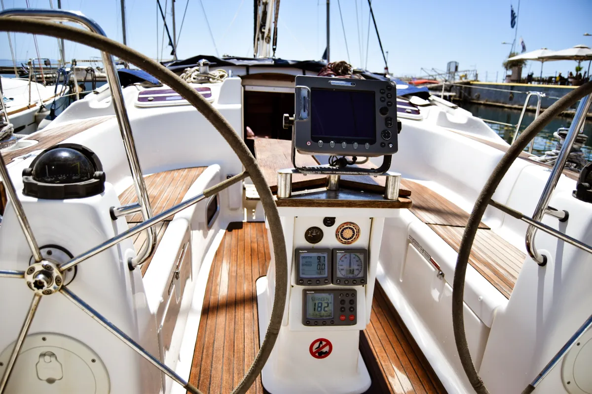 Cockpit of Nikea, a Bavaria 46 sailboat at Kavala, Greece