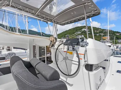 Cockpit of Oasis, a Lagoon 40 OW catamaran at Road Town, British Virgin Islands