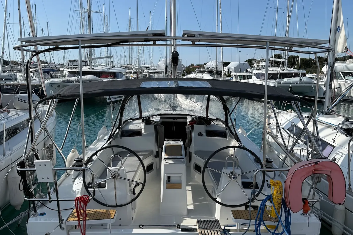 Cockpit of Clara, a Beneteau Oceanis 34.1 sailboat at Sukošan, Croatia