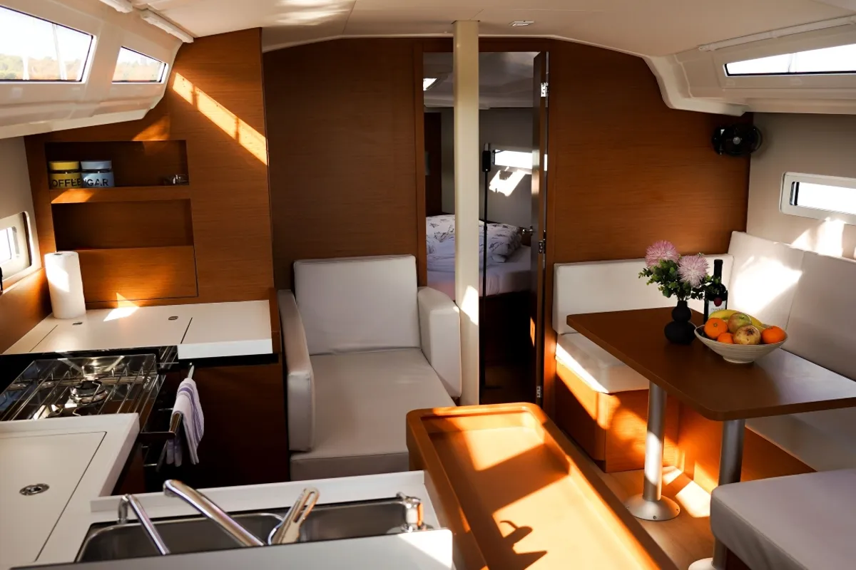 Salon of Kingfisher, a Jeanneau Sun Odyssey 410 sailboat at Pirovac, Croatia