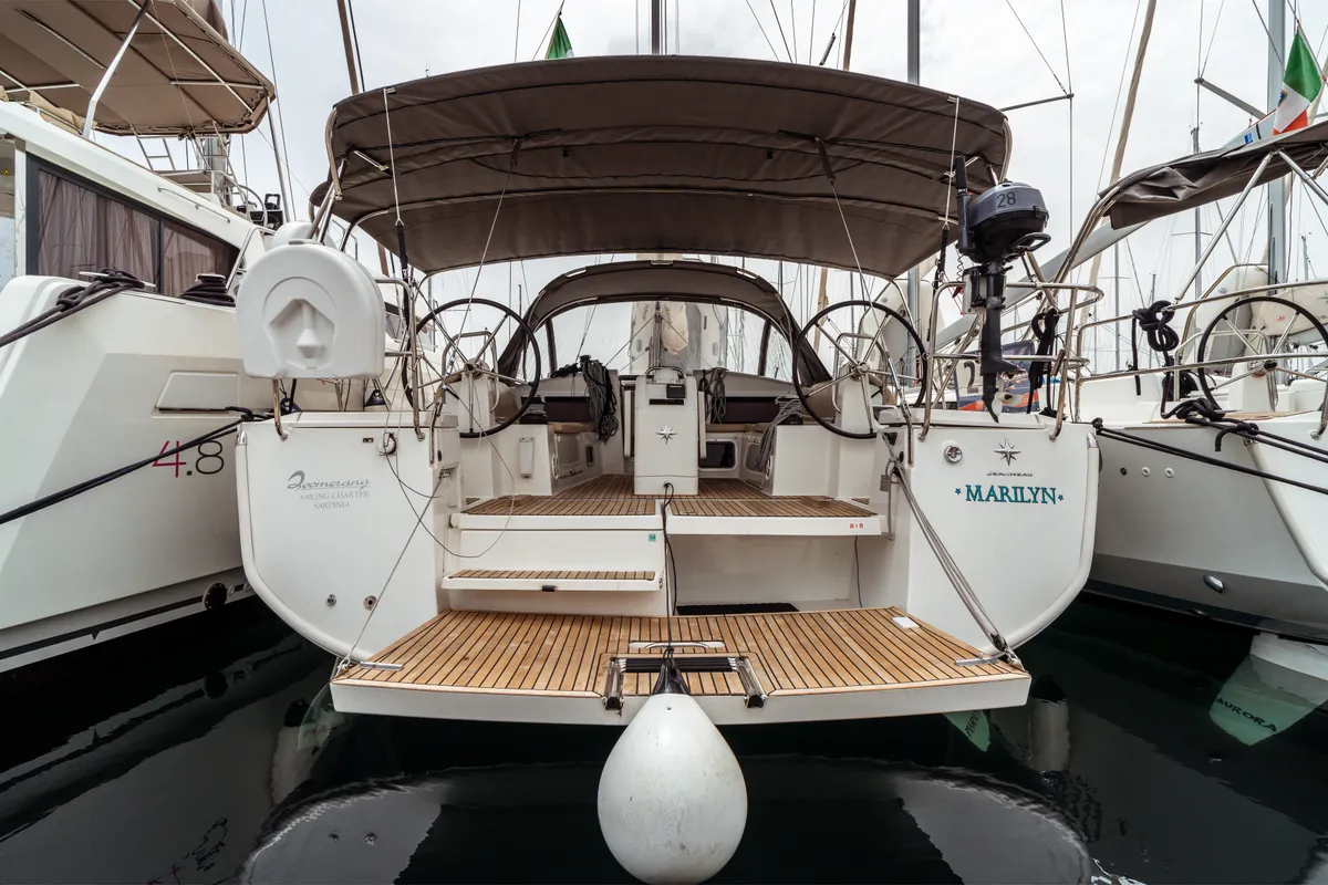 Exterior view of Marilyn, a Jeanneau Sun Odyssey 440 sailboat at Olbia, Italy